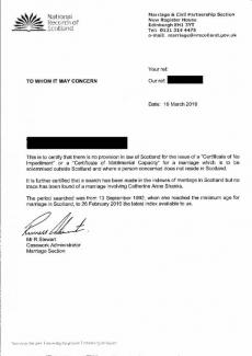 Certificate of no impediment Scotland