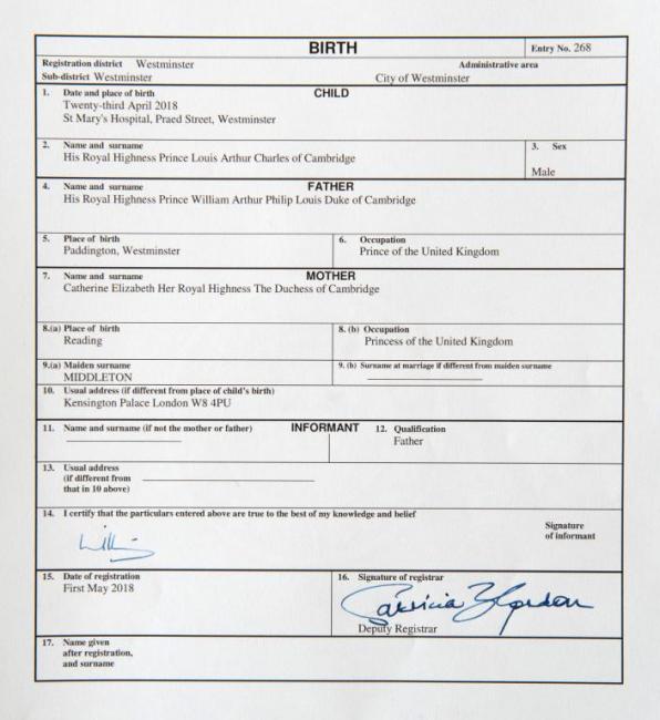 Prince Louis' birth certificate