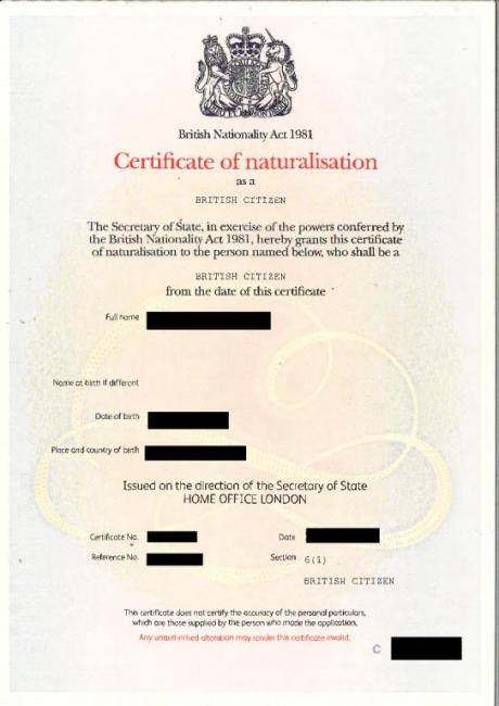 Naturalisation certificate UK home office
