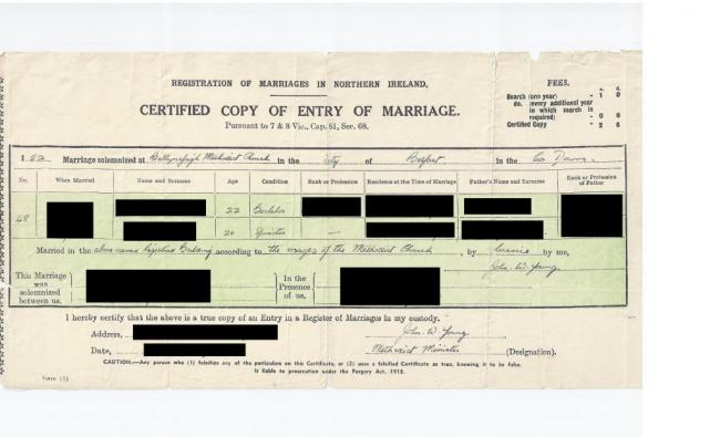 Mariage Certificate Northern Ireland