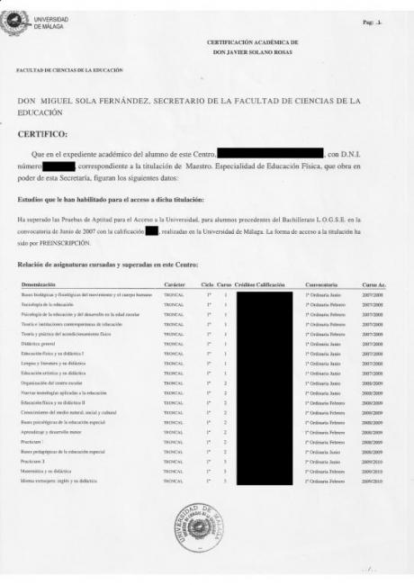 University Malaga Transcript